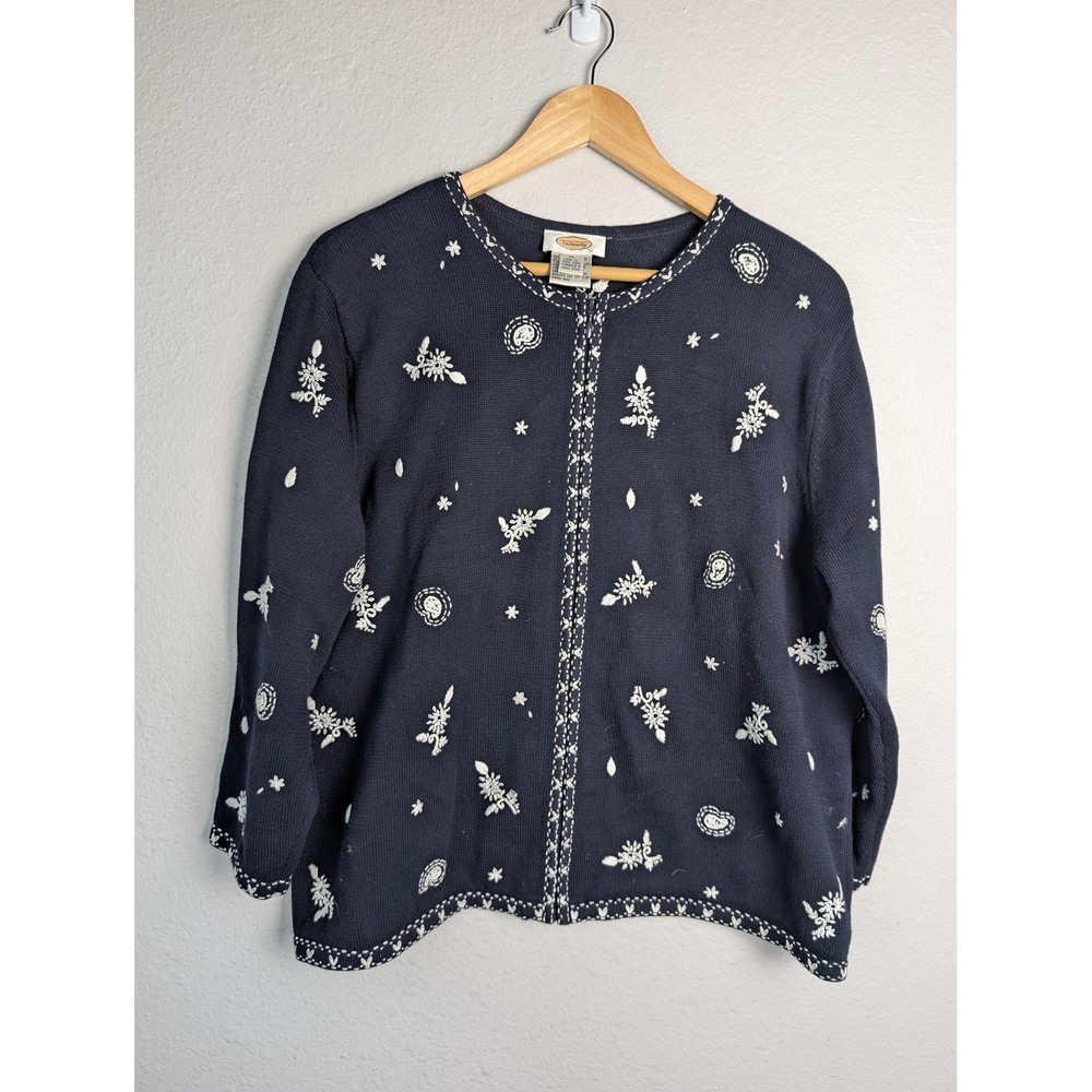 Talbots Cardigan Sweater Womens XL Blue 100% Cotton Floral Embroidered Full Zip